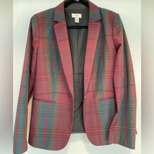 Ann Taylor Loft Maroon Red Green Plaid Printed Blazer Suit Jacket